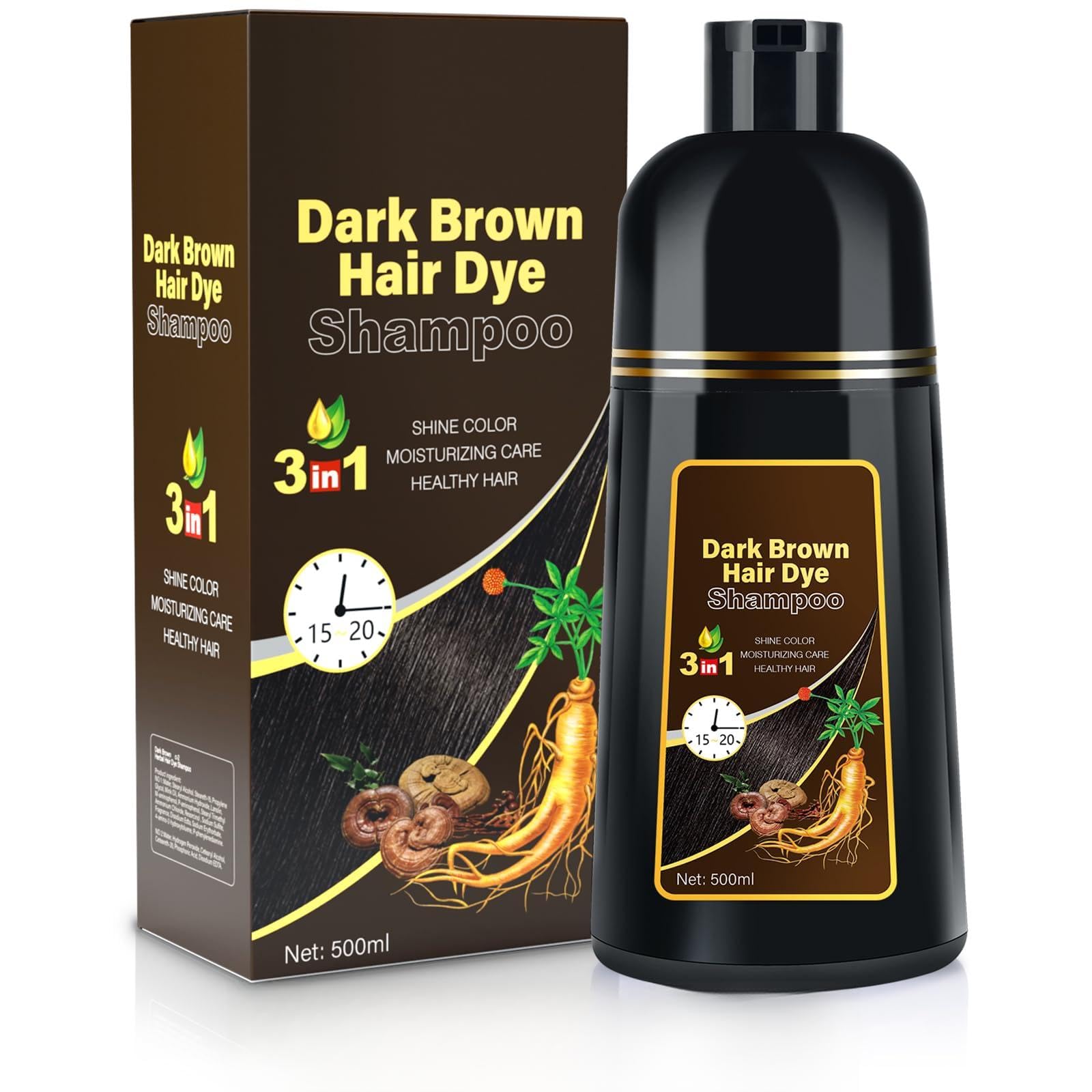 MOISTAR dark brown hair dye shampoo bottle showing at-home color boost and gray coverage.