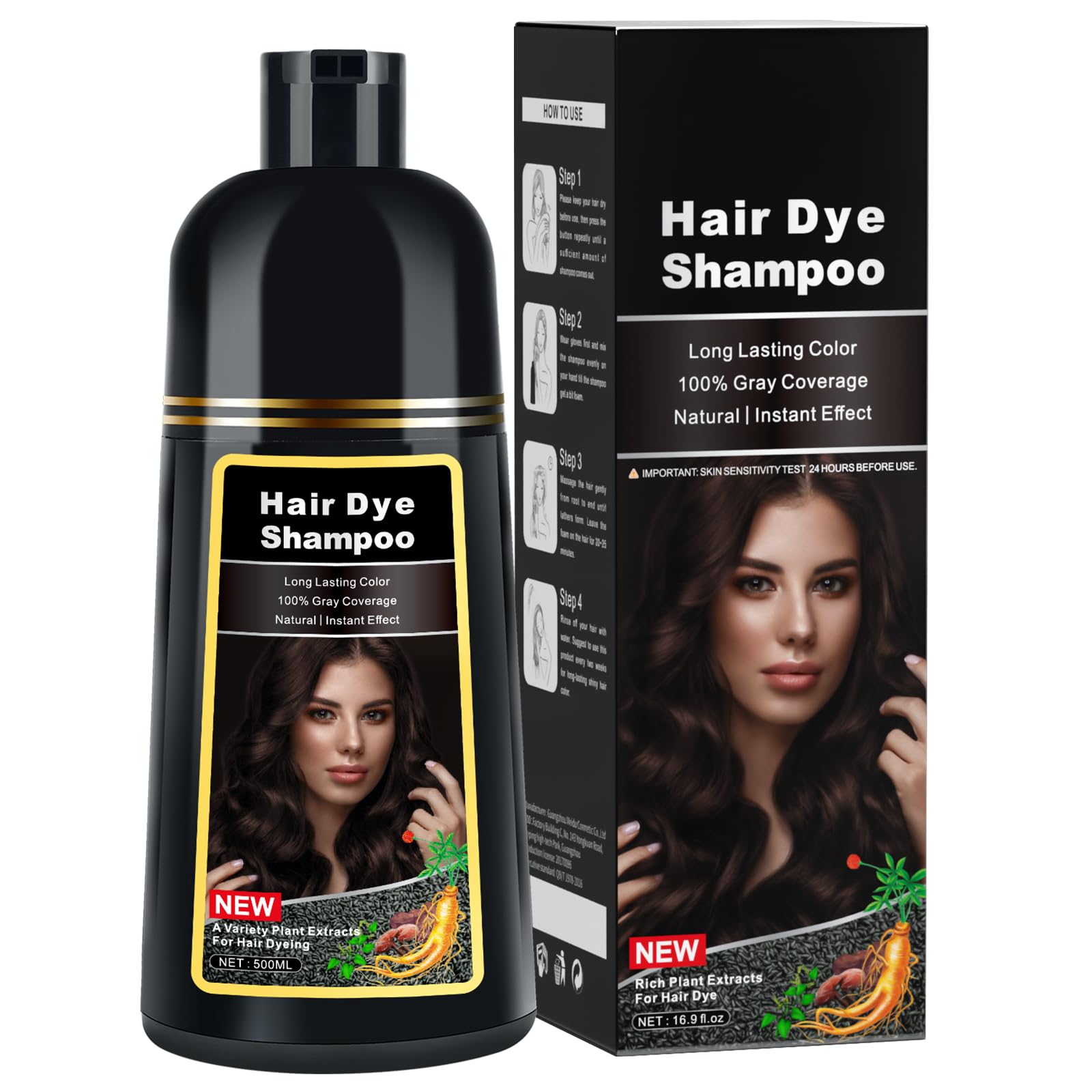MOISTAR dark brown dye shampoo packaging shows ammonia-free 3-in-1 formula