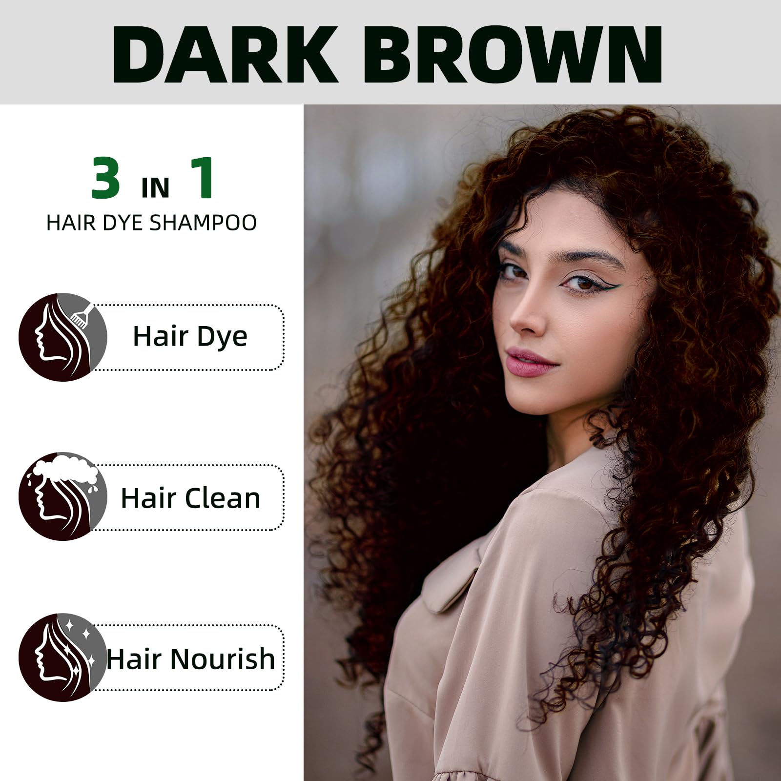 MOISTAR dark brown hair dye shampoo gray-coverage closeup for even tone.