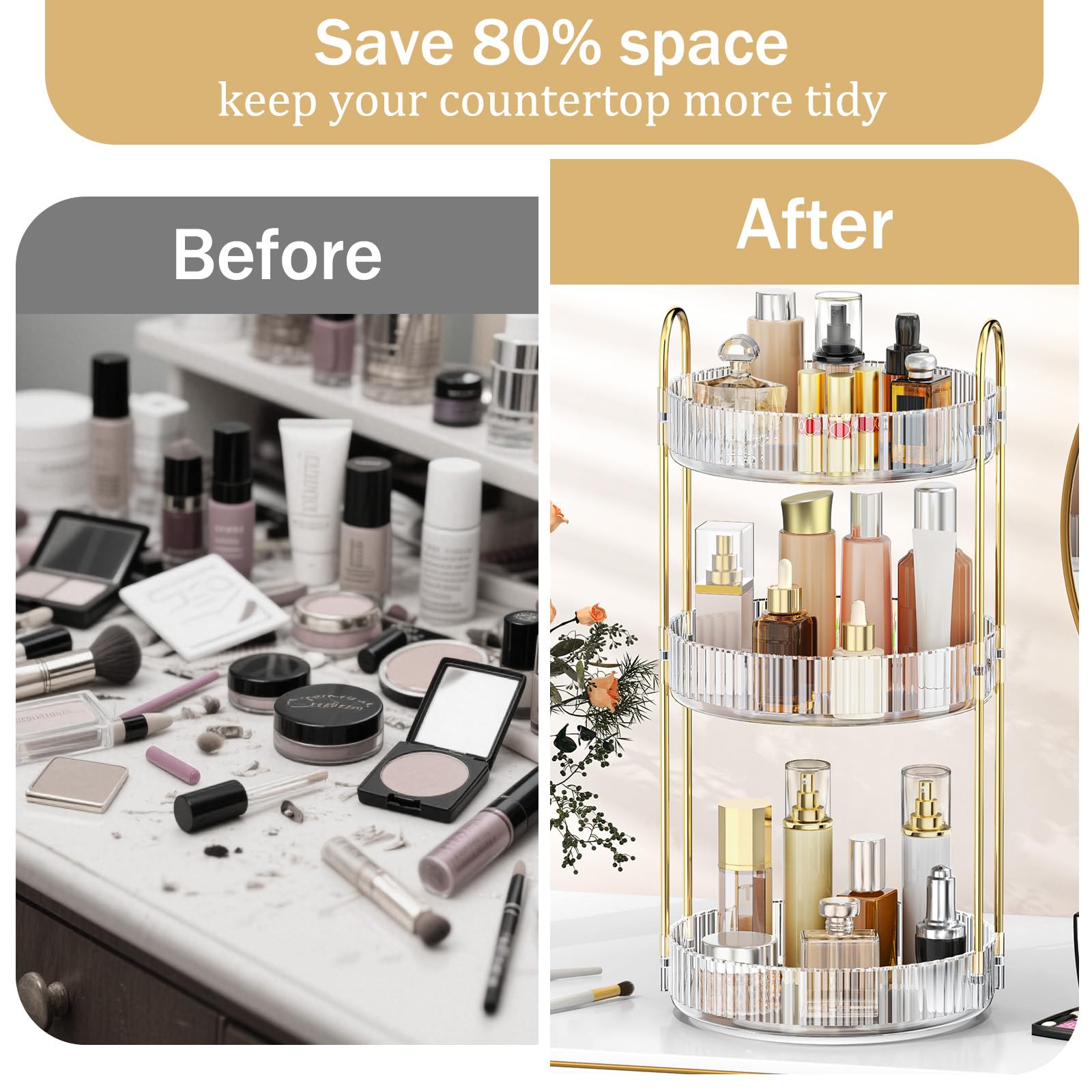MOKANI 360 rotating organizer dresser-setup illustrates compact vanity fit.