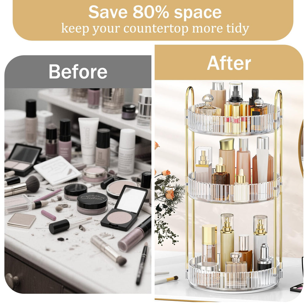 MOKANI 360 rotating organizer dresser-setup illustrates compact vanity fit.