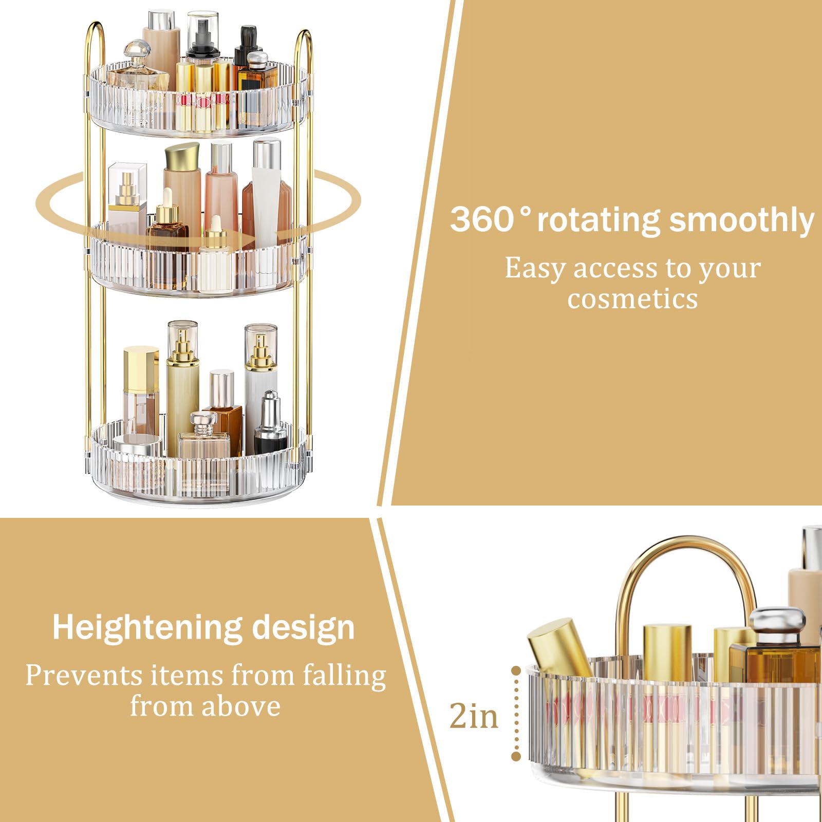 MOKANI 360 rotating organizer side view shows three-tier layout.