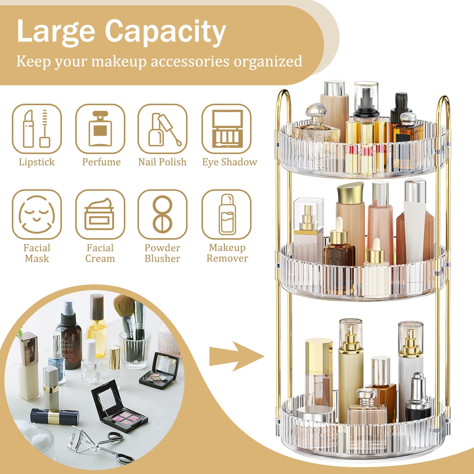 MOKANI 360 rotating organizer triple-tier configuration holds lipsticks and brushes.