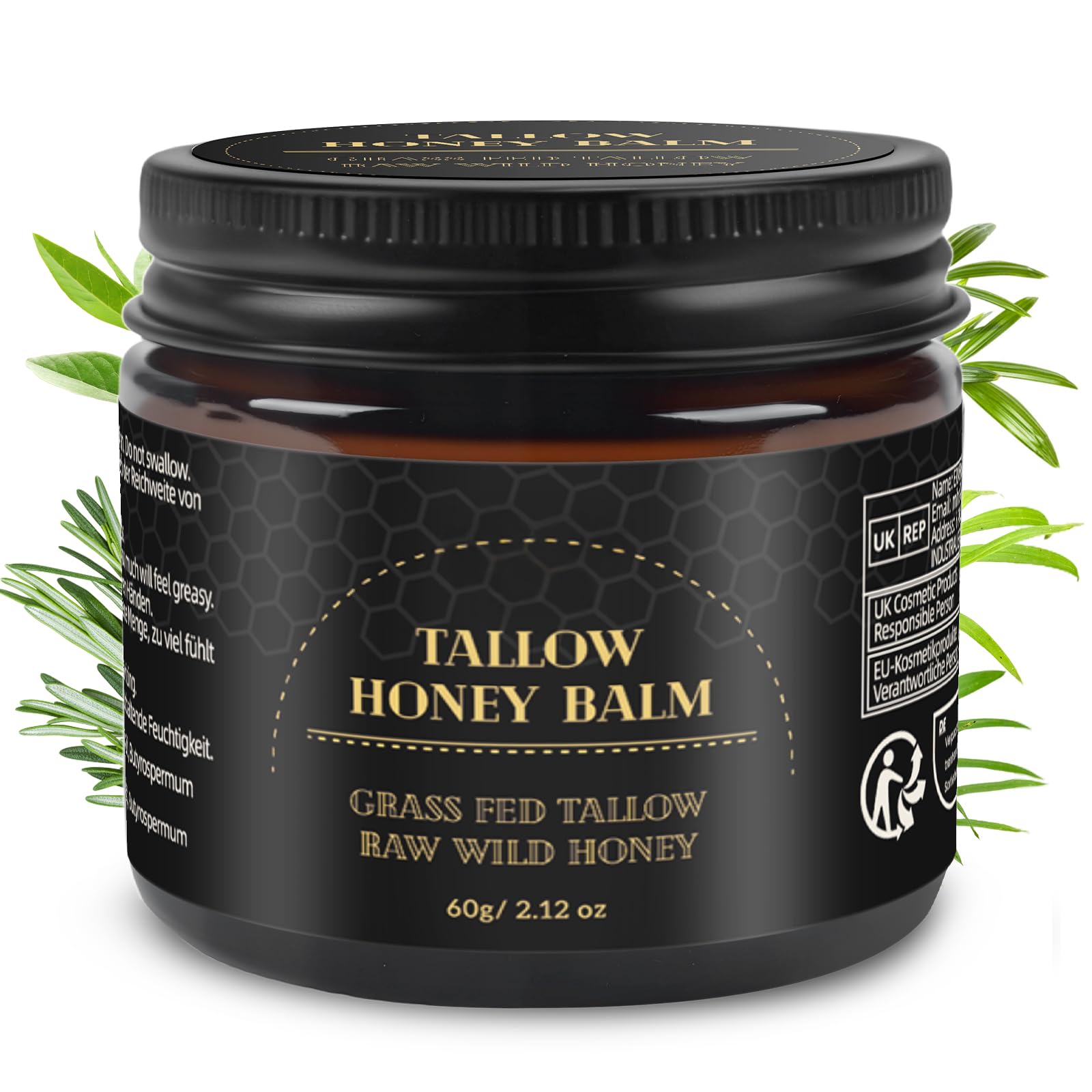 Mokasakiso Beef Tallow Balm jar close-up showing creamy texture for deep hydration.