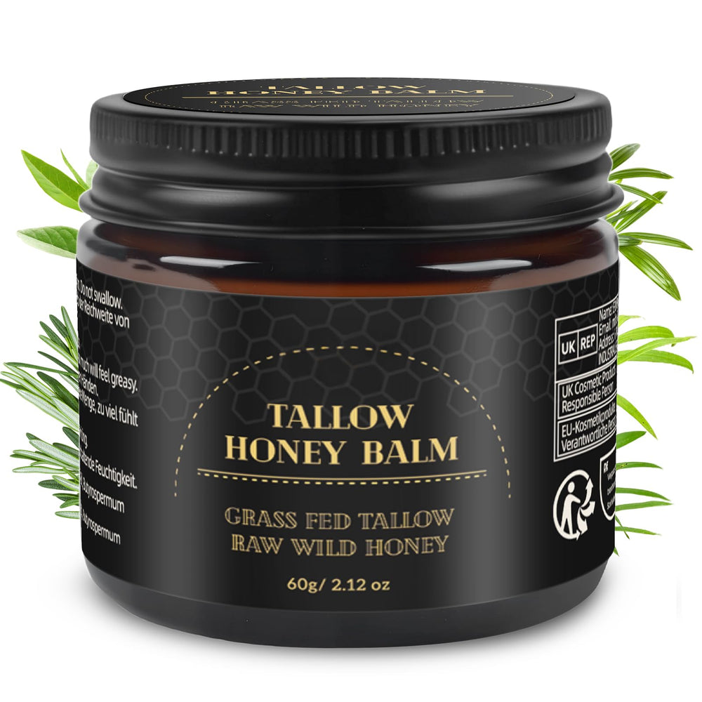 Mokasakiso Beef Tallow Balm jar close-up showing creamy texture for deep hydration.