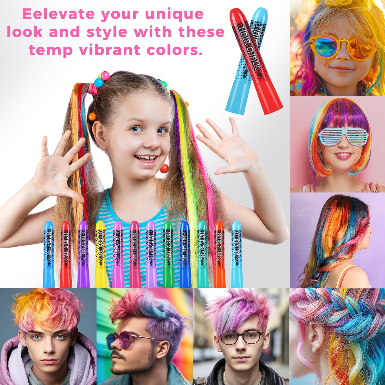 Mokasakiso hair chalk on dark hair adds vivid color without residue.