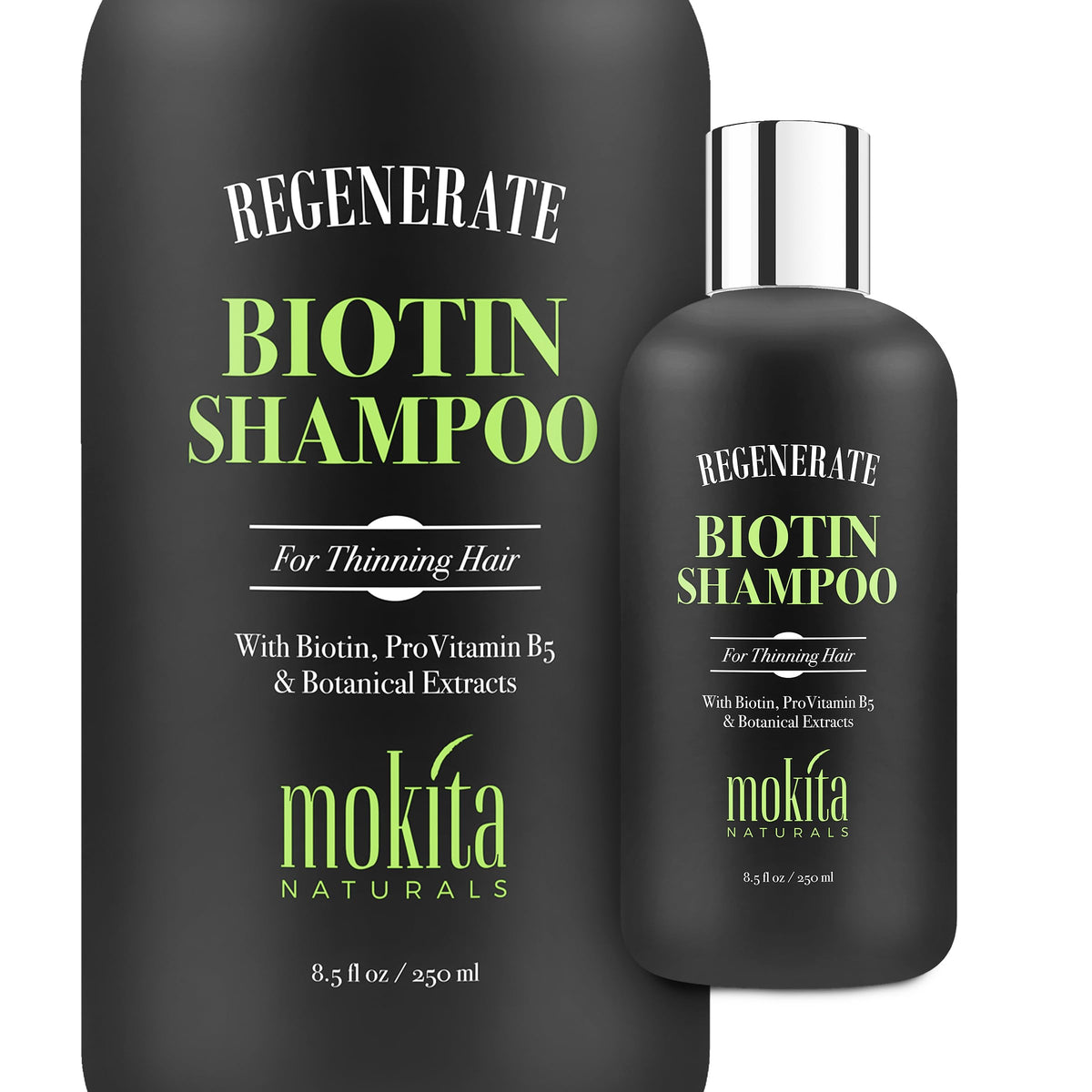Mokita Naturals hair volumizing shampoo bottle promotes fullness and shine.