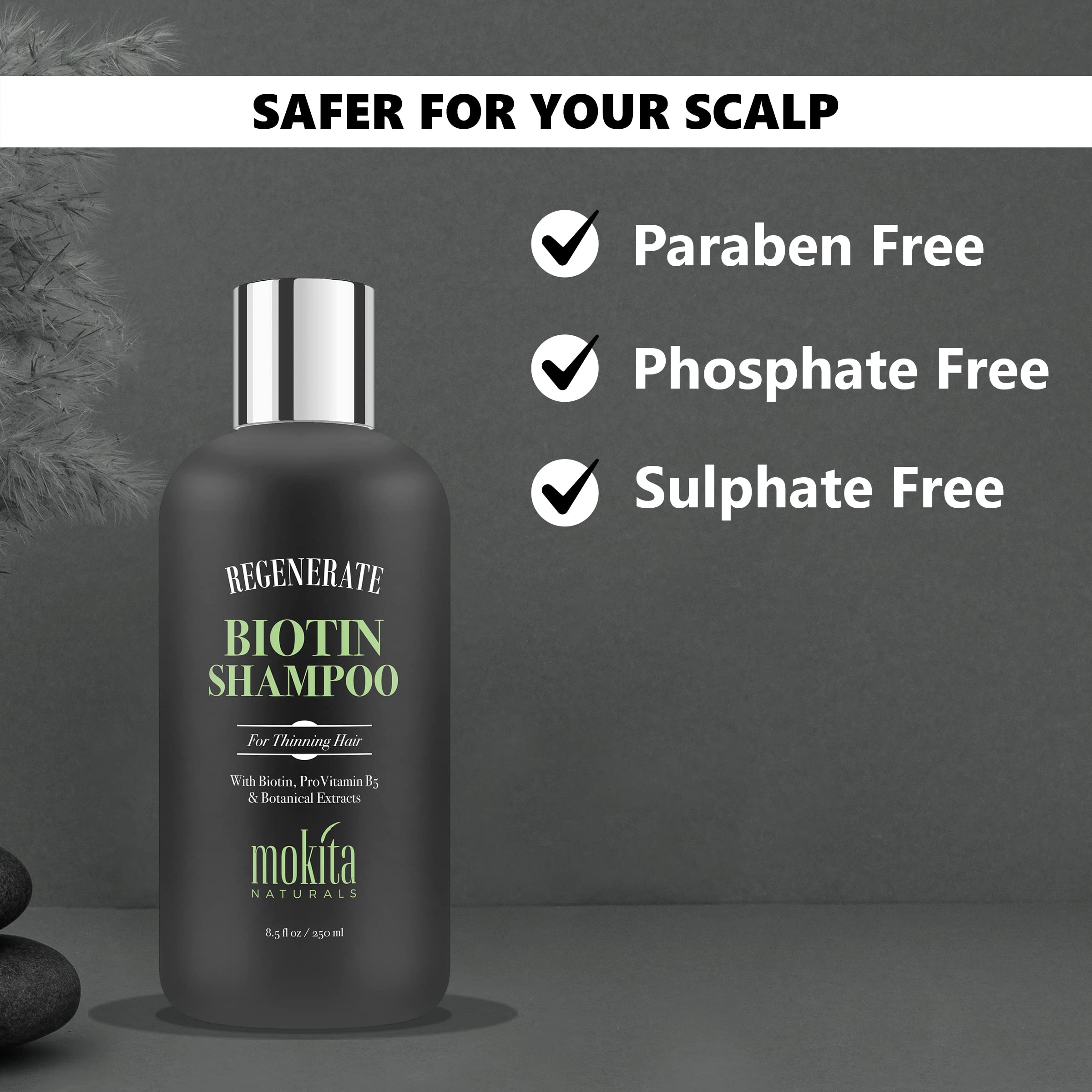 Mokita Naturals bottle emphasizes strong roots for fuller-looking hair.