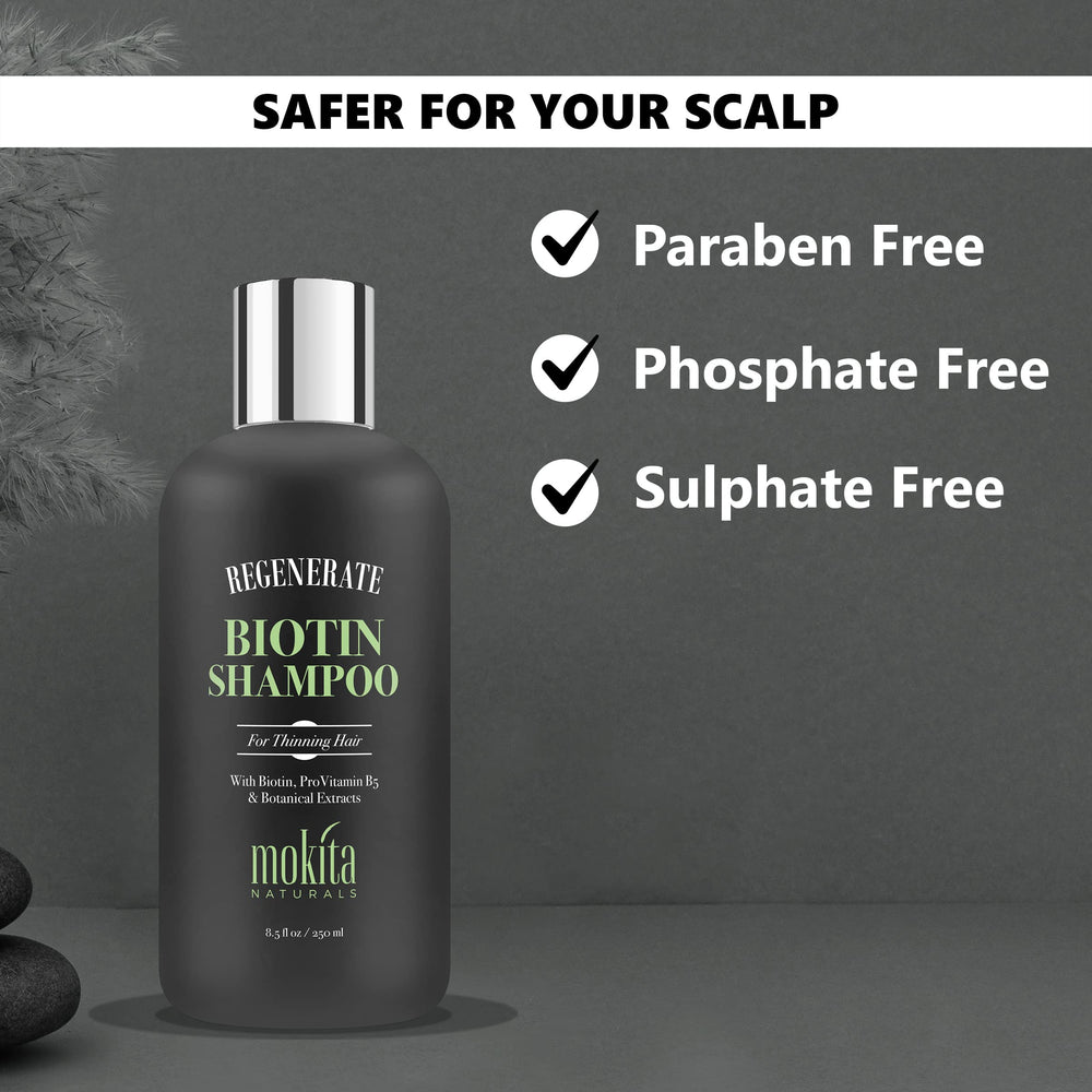 Mokita Naturals bottle emphasizes strong roots for fuller-looking hair.