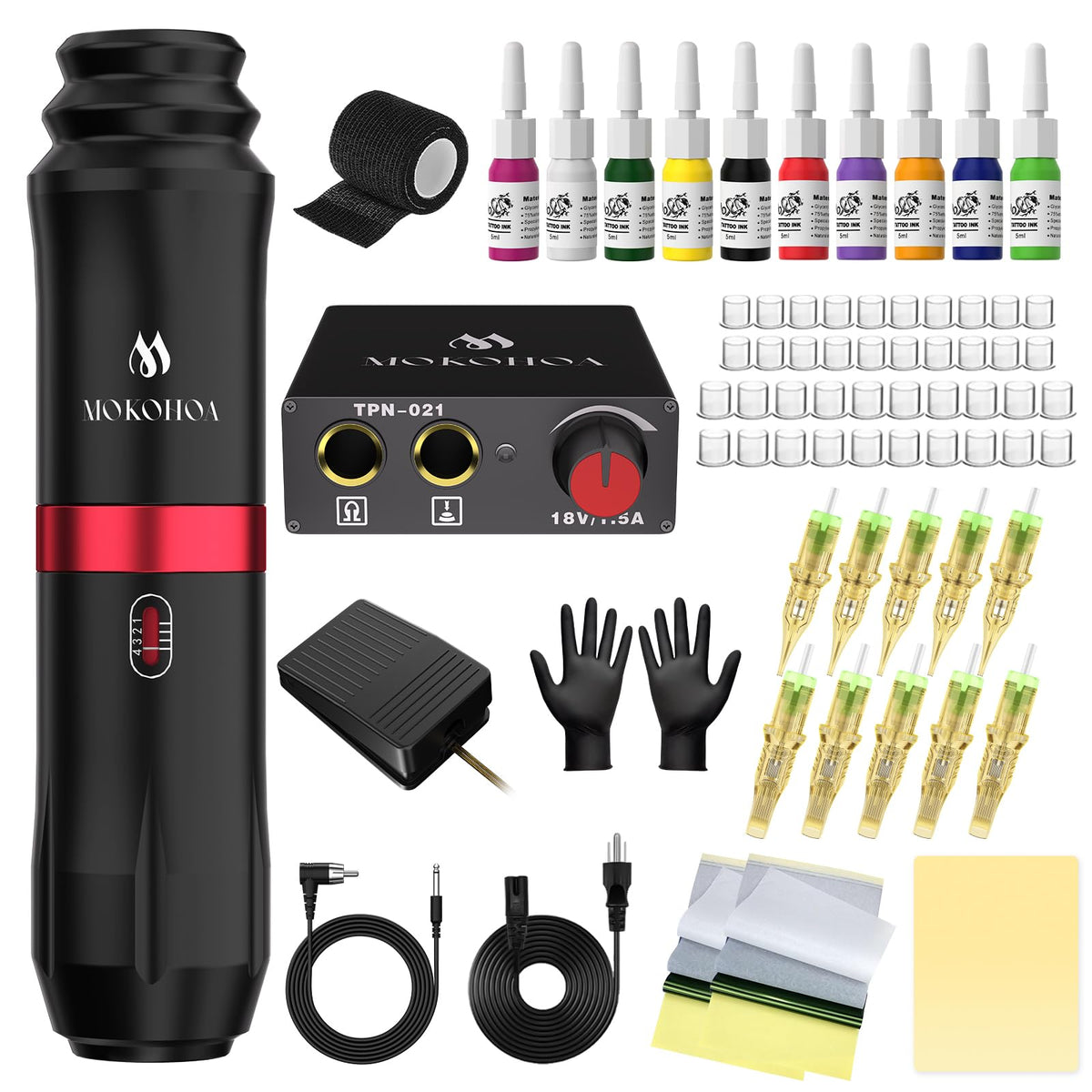 MOKOHOA tattoo gun kit front view shows durable aluminum pen for precise lines.
