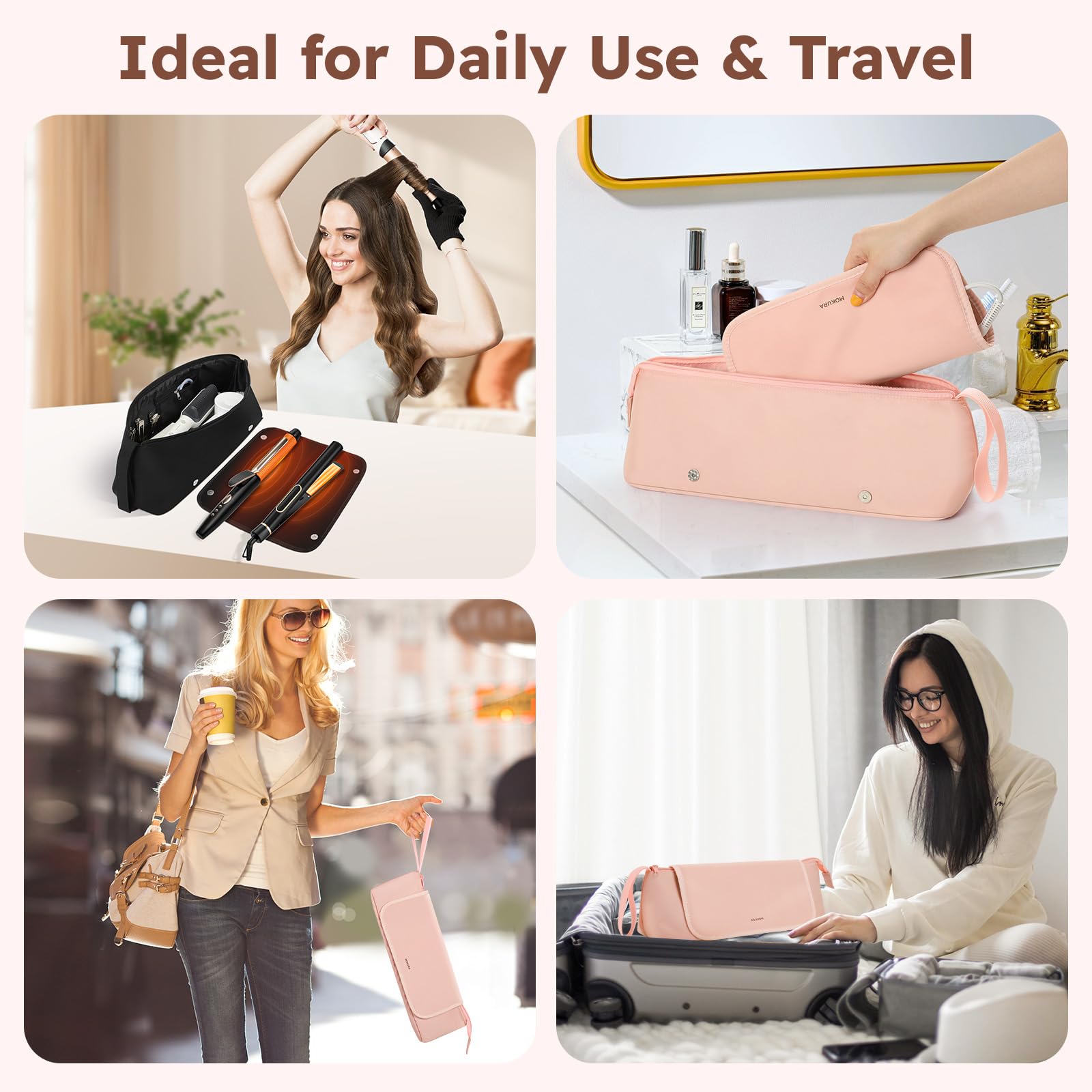 MOKURA pink travel bag folded beside gift-ready box.