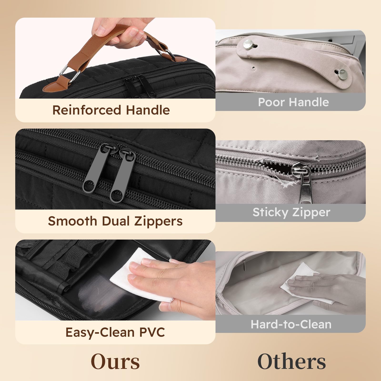 MOKURA Quilted Makeup Bag adjustable dividers demonstrating customizable space for essentials.