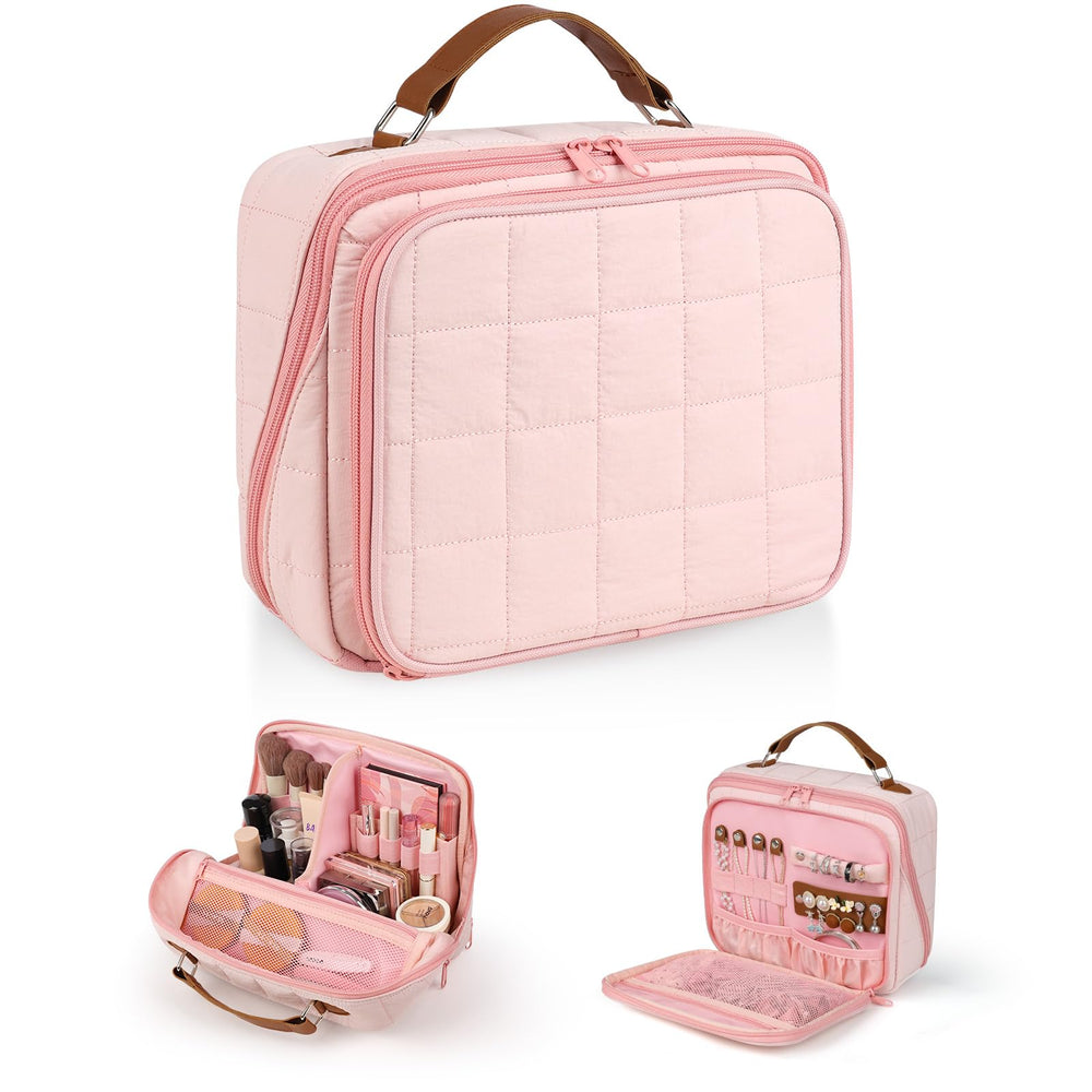 MOKURA Quilted Makeup Bag front view shows upright stability for easy access to essentials.