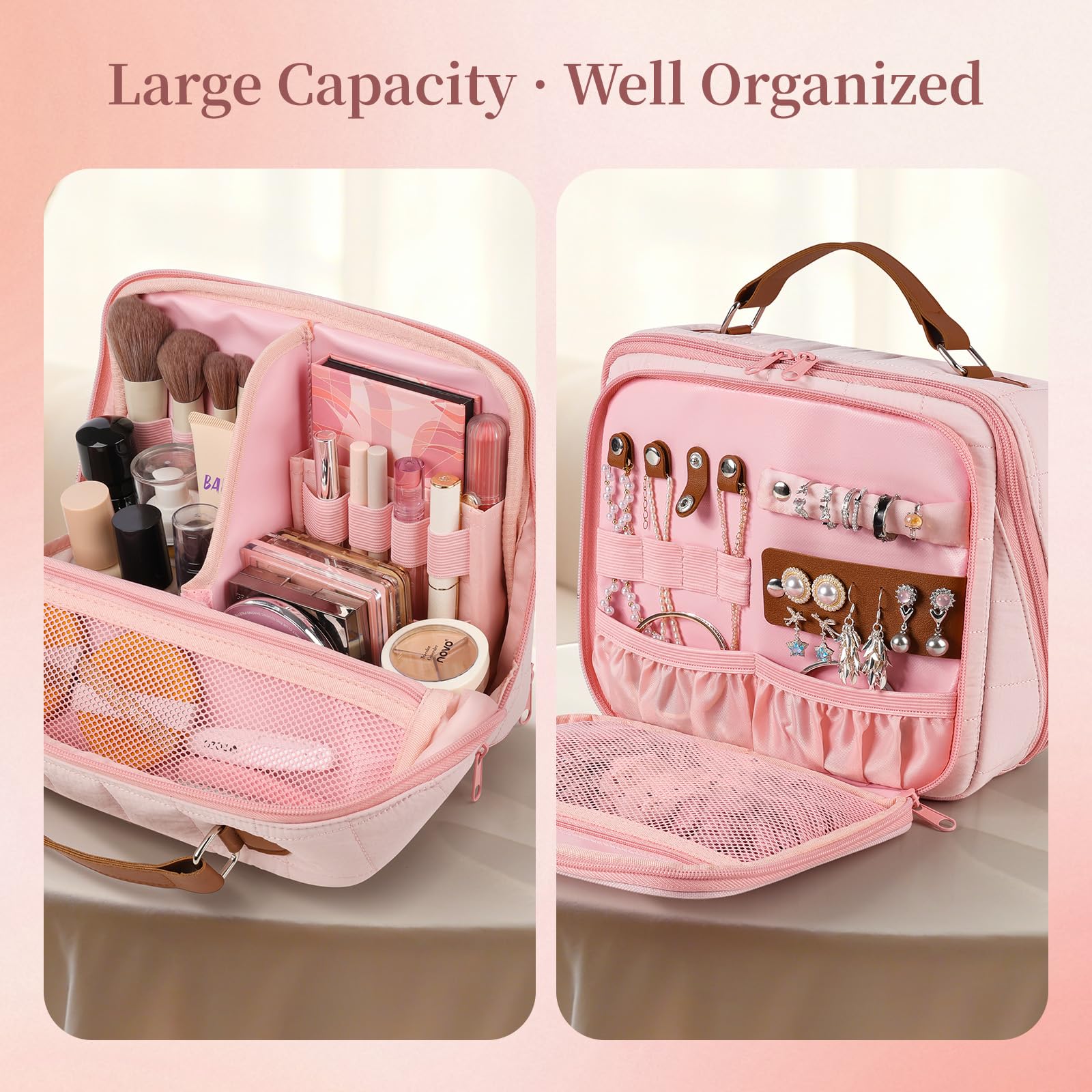 MOKURA Quilted makeup bag interior with adjustable dividers keeps cosmetics neatly organized.