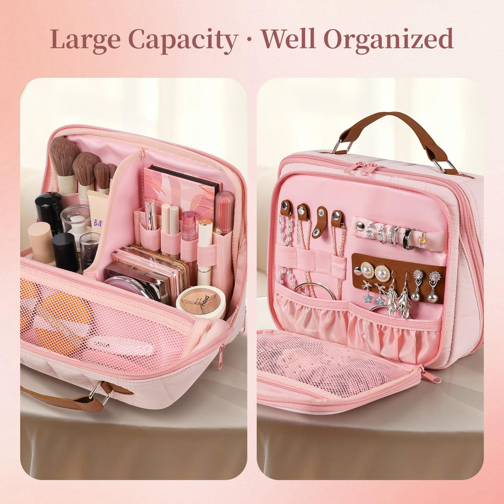 MOKURA Quilted makeup bag interior with adjustable dividers keeps cosmetics neatly organized.