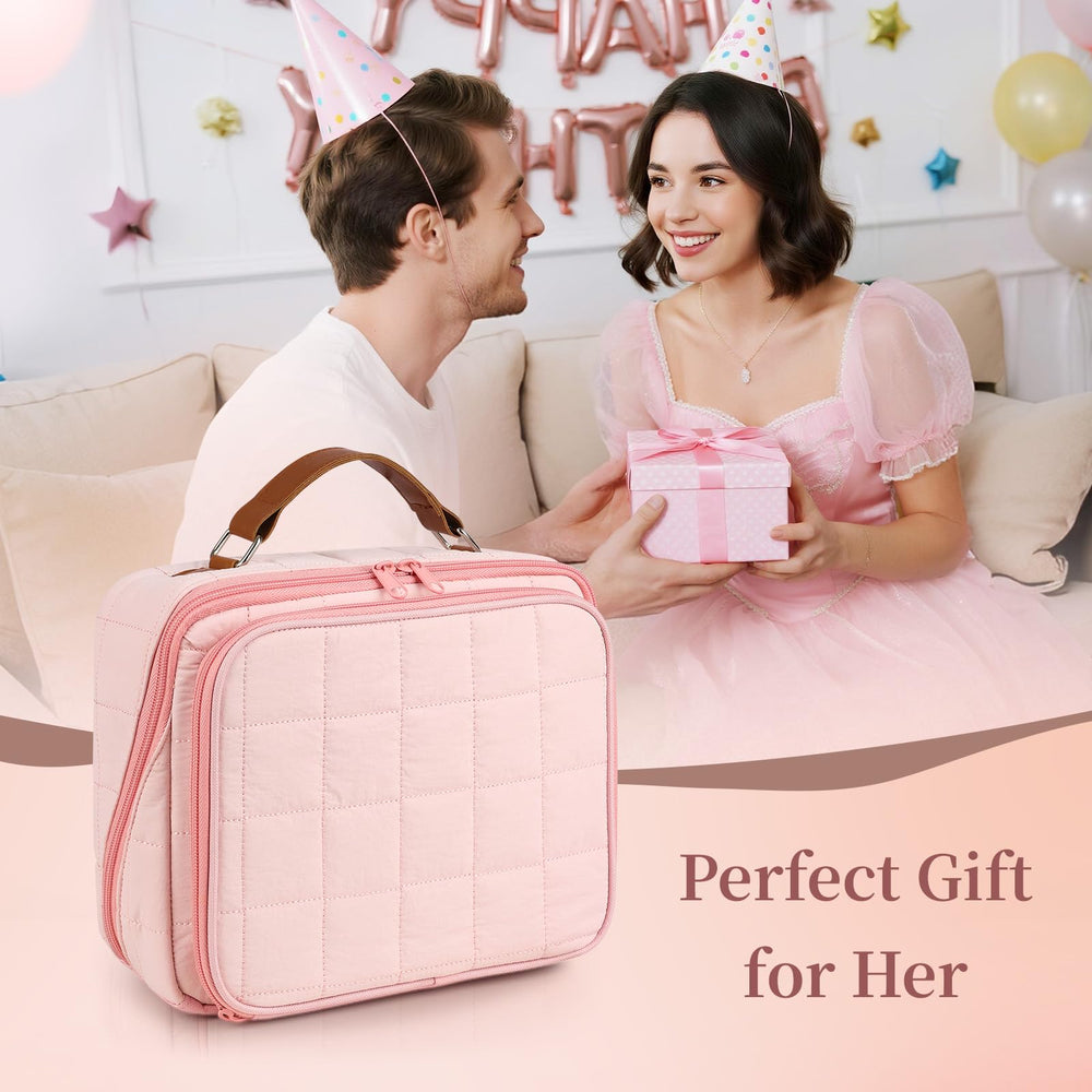 MOKURA Quilted Makeup Bag jewelry compartment keeps necklaces tangle-free during travel.