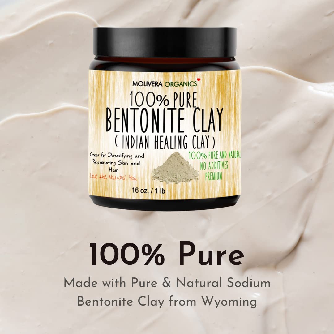 Molivera Organics premium bentonite clay 1lb jar for deep pore purification.