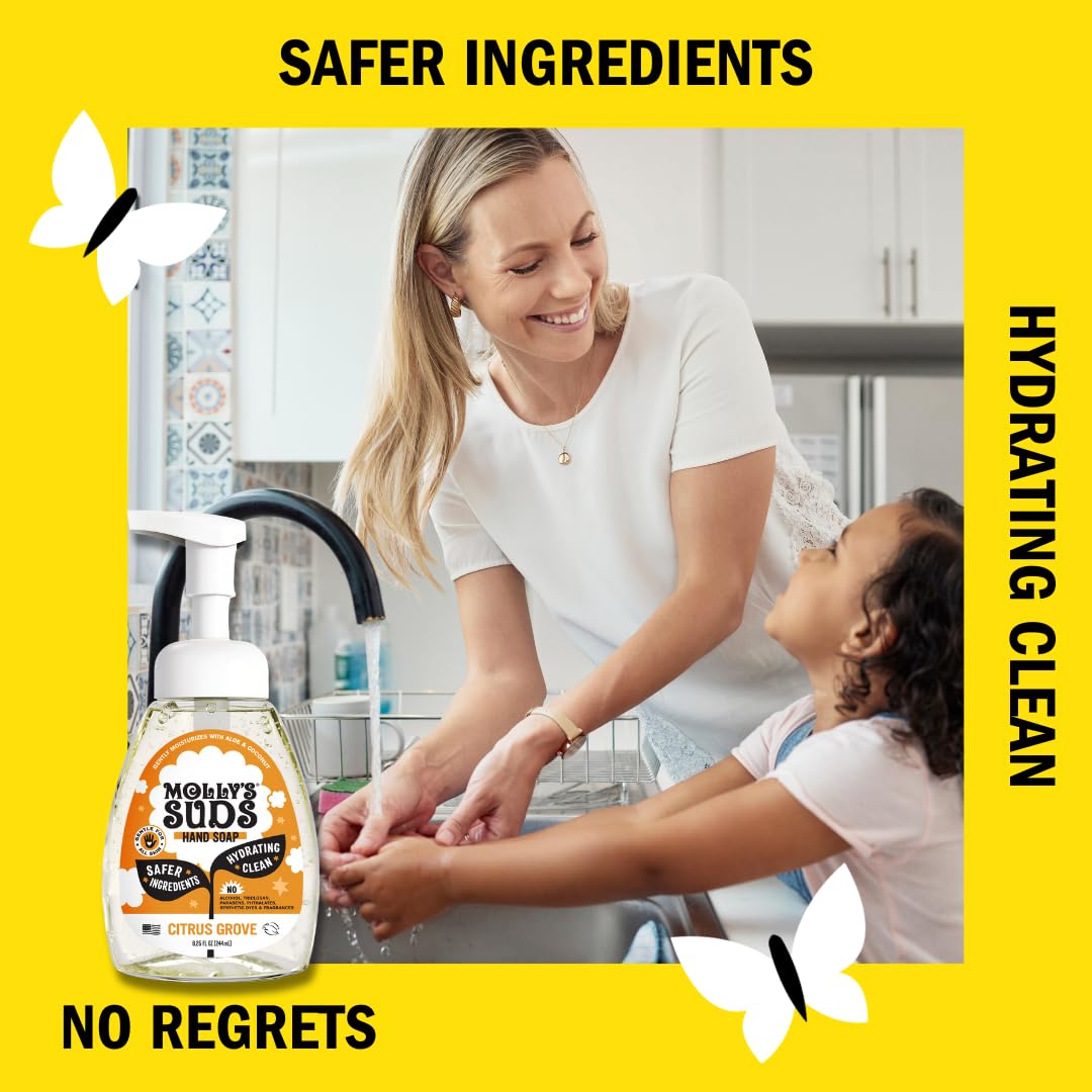 Molly's Suds Foaming Hand Soap Citrus Grove ingredients reveal aloe and coconut oil hydrating care.