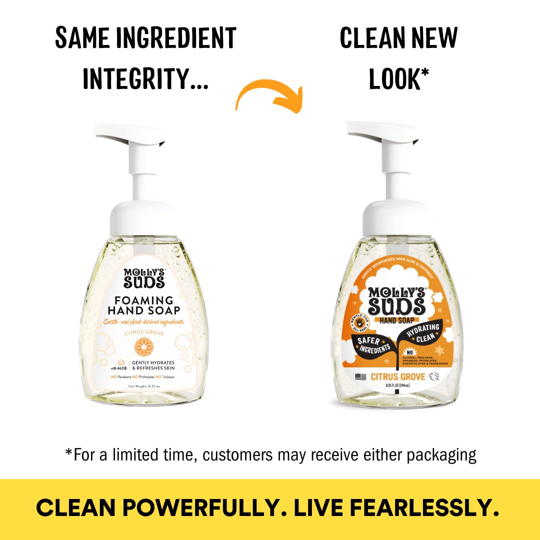 Molly's Suds Foaming Hand Soap Citrus Grove bottle label highlights clean ingredients and cruelty-free ethics.