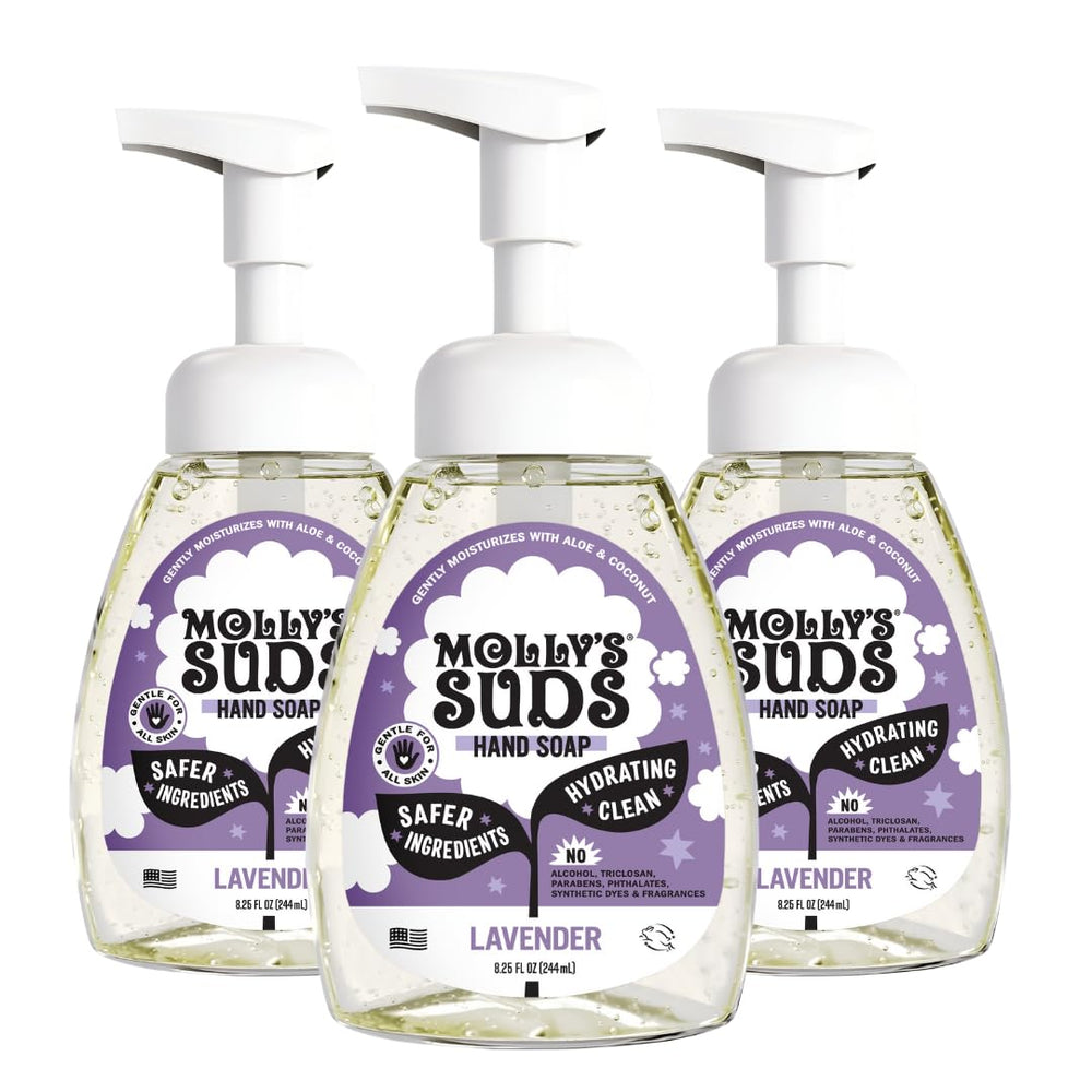 Molly's Suds lavender foaming hand soap bottle for gentle cleansing and moisturized skin.