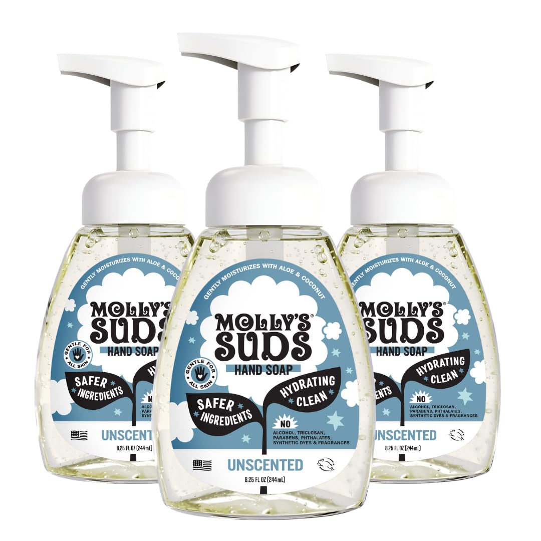 Molly's Suds unscented foaming hand soap front view with three-pack for gentle cleansing