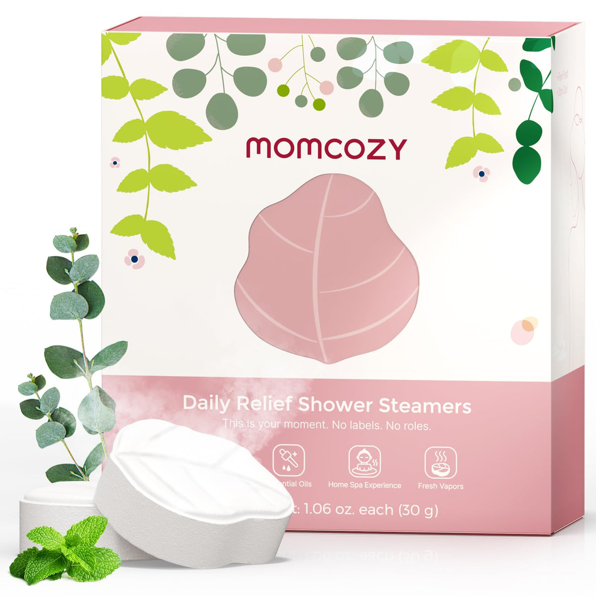 Momcozy eucalyptus-leaf-steamer front view for spa-like relaxation.