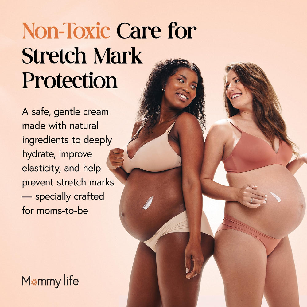 MOMMY LIFE Preggie Paste ingredient-list collage highlighting botanical oils and natural nourishment