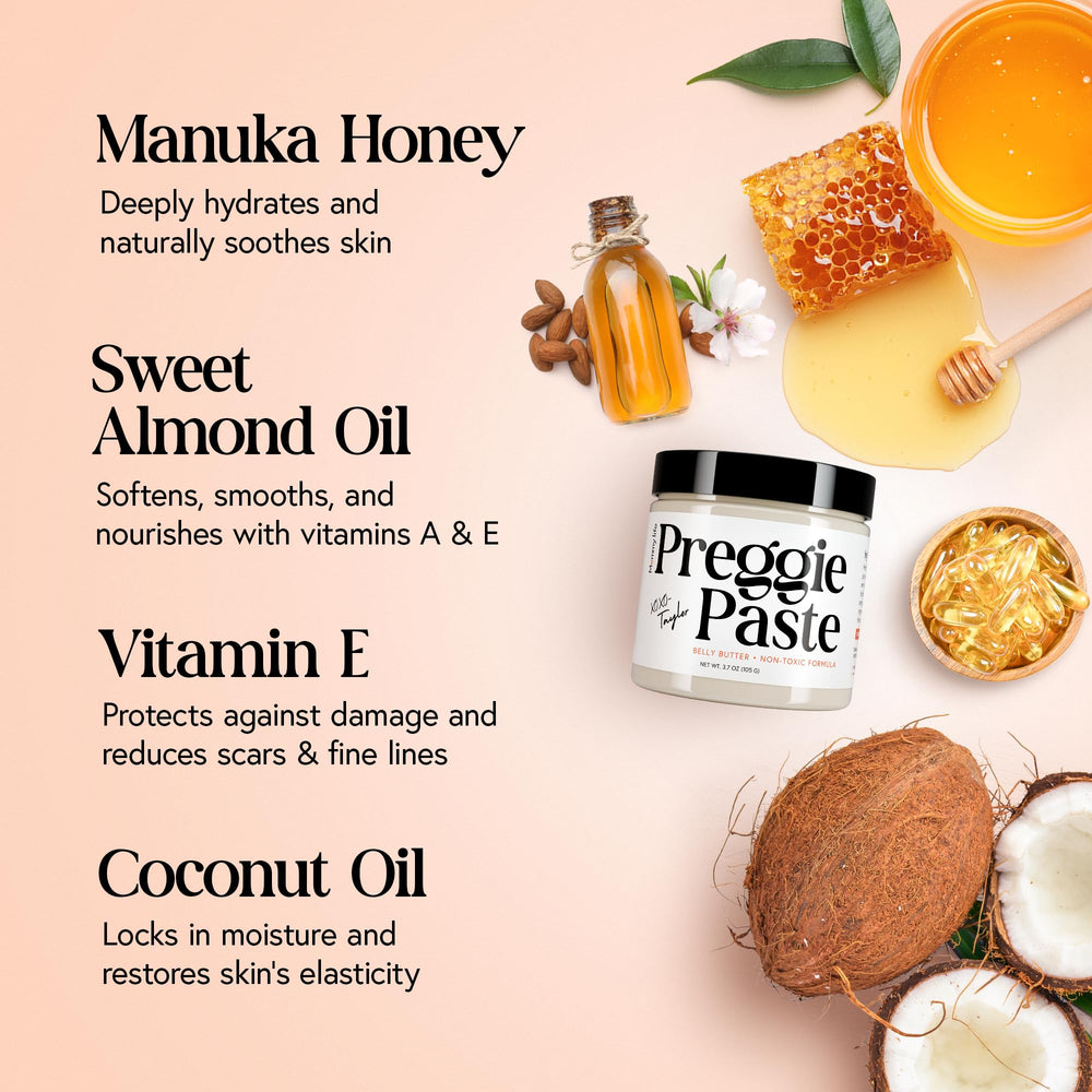MOMMY LIFE stretch mark cream tub close-up emphasizing firming texture and smooth application