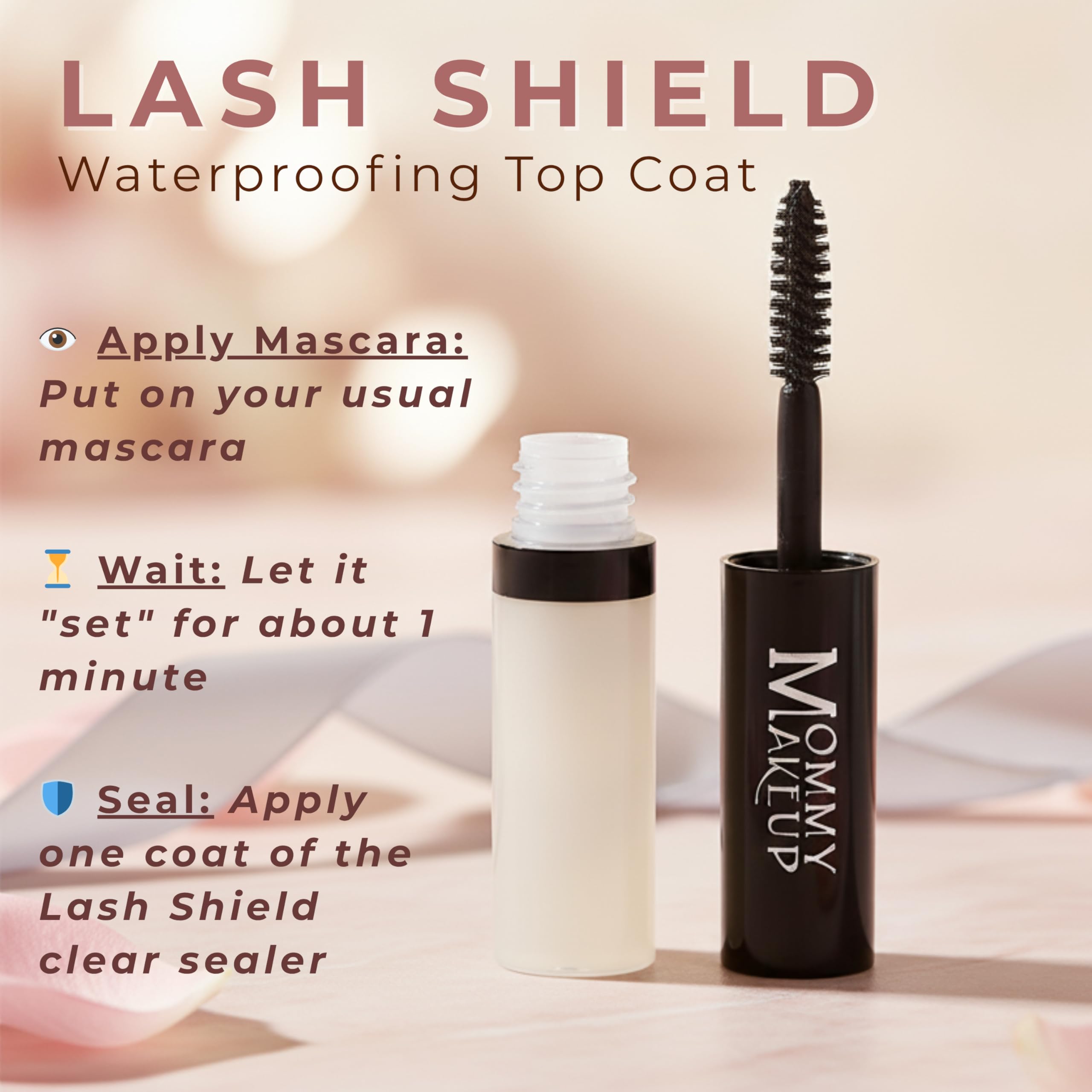 Mommy Makeup Lash Shield Top Coat brush-detail image shows long-lasting hold for lashes.