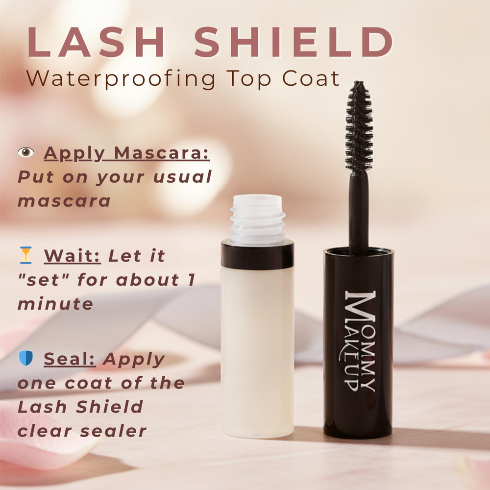 Mommy Makeup Lash Shield Top Coat brush-detail image shows long-lasting hold for lashes.