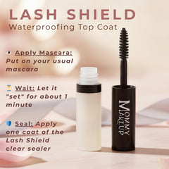 Mommy Makeup Lash Shield Top Coat brush-detail image shows long-lasting hold for lashes.