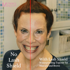 Mommy Makeup Lash Shield Top Coat waterproof-test image conveys humidity-ready lash sealing.