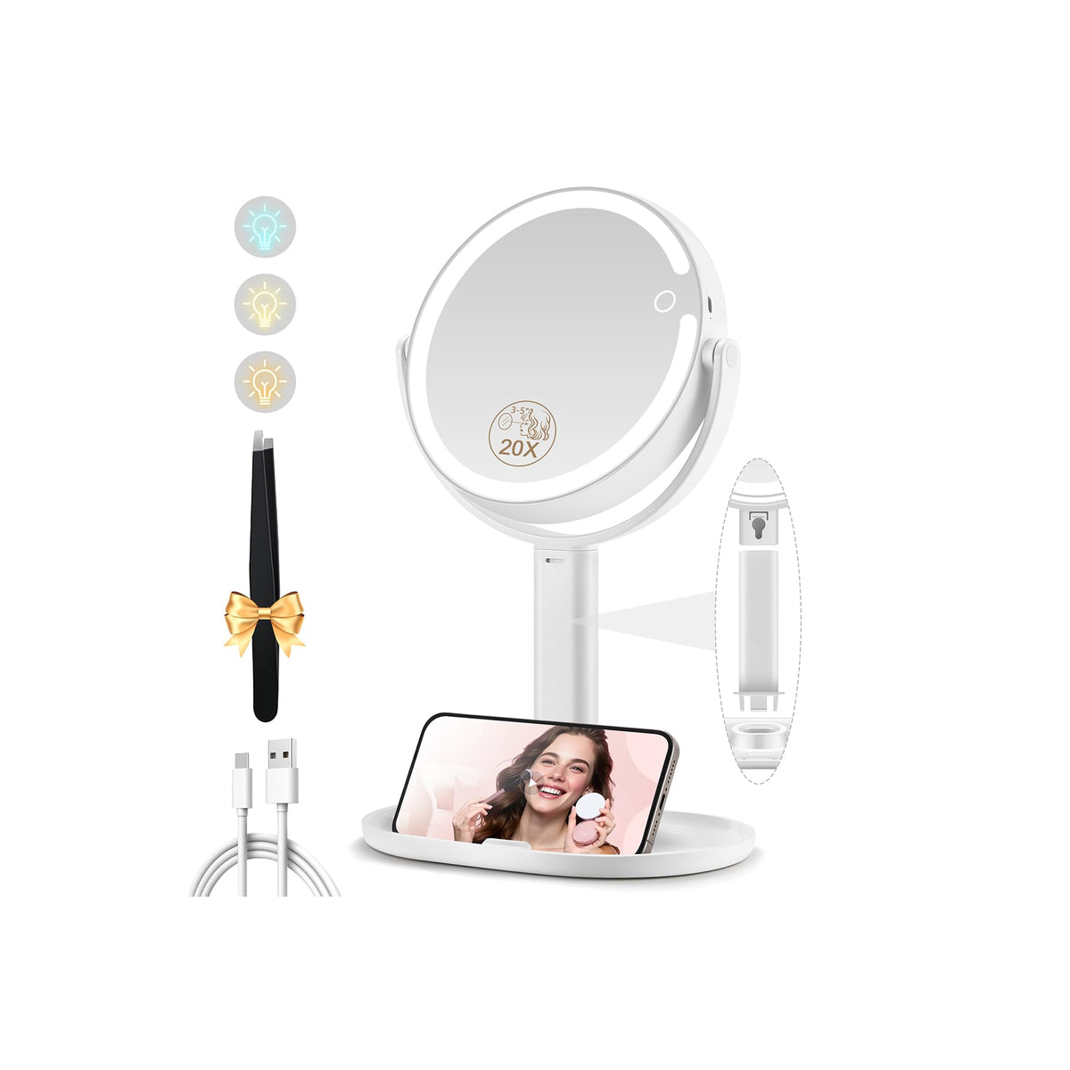 MOMOKUBA makeup mirror with lights shows 1x/20x magnification for precise detail work