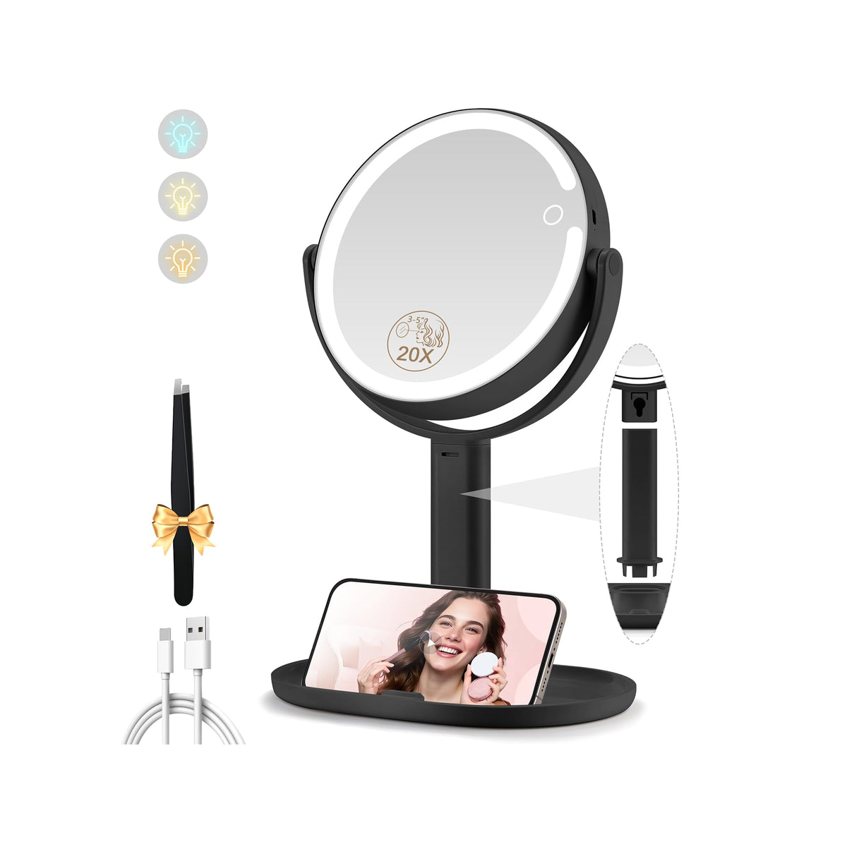 MOMOKUBA makeup mirror with lights, double-sided view for precise daily makeup tasks.