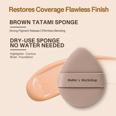 Momo's Workshop dual-sided design sponge, ideal for liquid foundation and concealer.