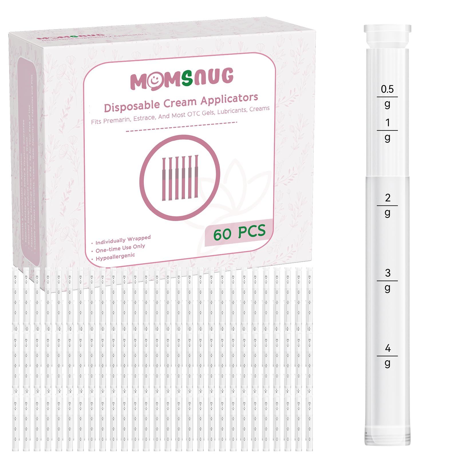 Momsnug aplicadores vaginales desechables con dosificación para control preciso.