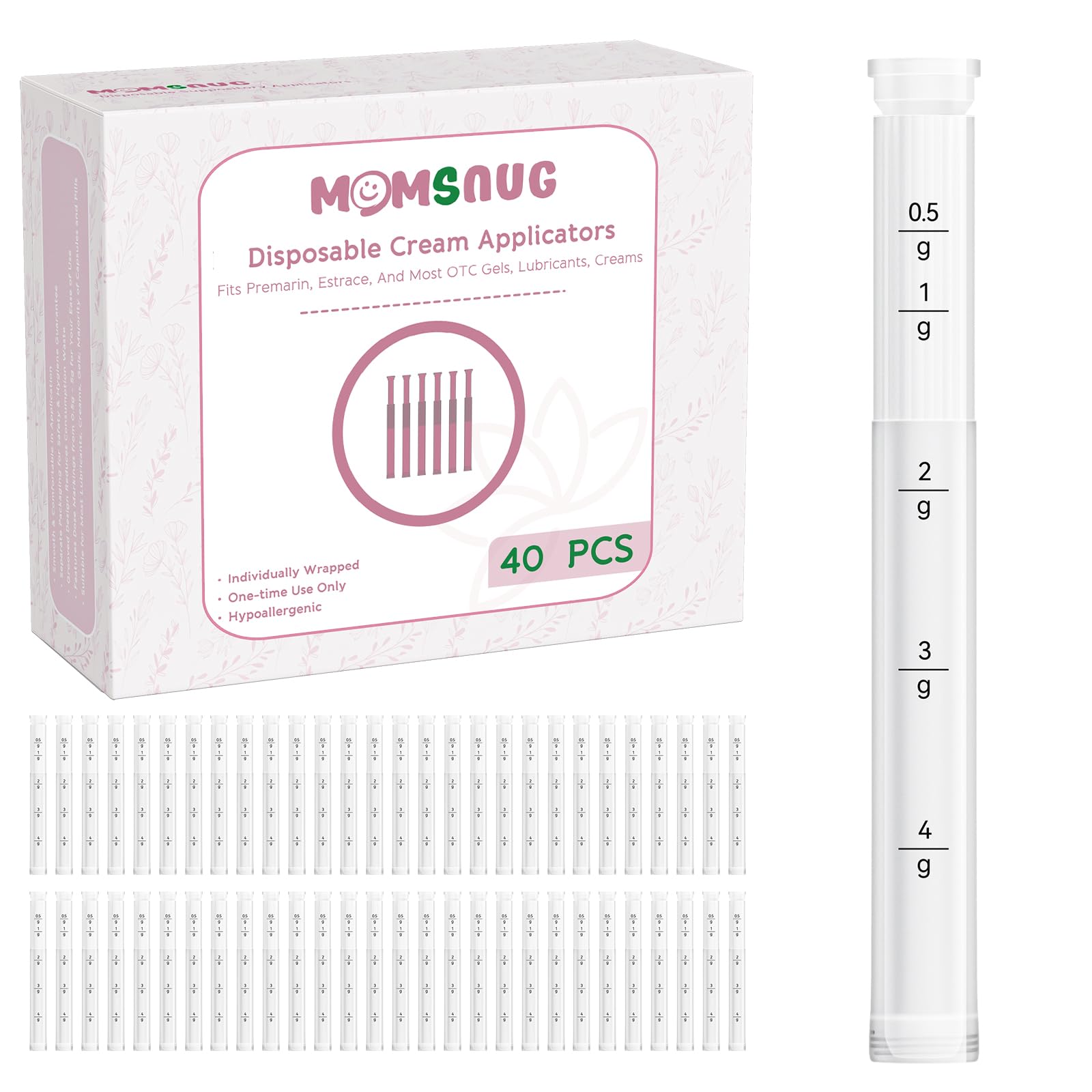 Momsnug disposable vaginal applicator with round-tip packaging shows gentle insertion for comfortable use.