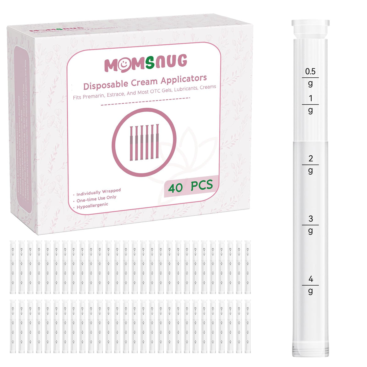 Momsnug disposable vaginal applicator with round-tip packaging shows gentle insertion for comfortable use.