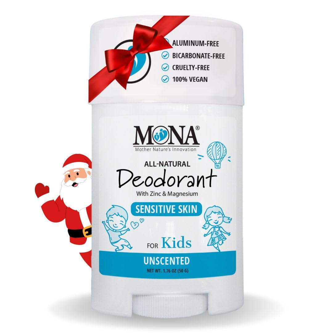 MONA Unscented deodorant kids application demonstrates gentle odor control for active youngsters.