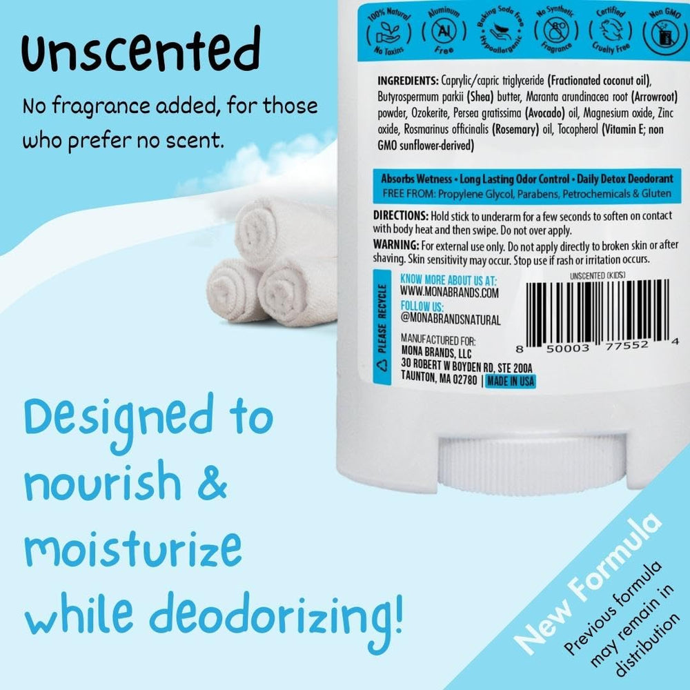 MONA Unscented deodorant packaging emphasizes safe, kid-friendly formula for sensitive skin.