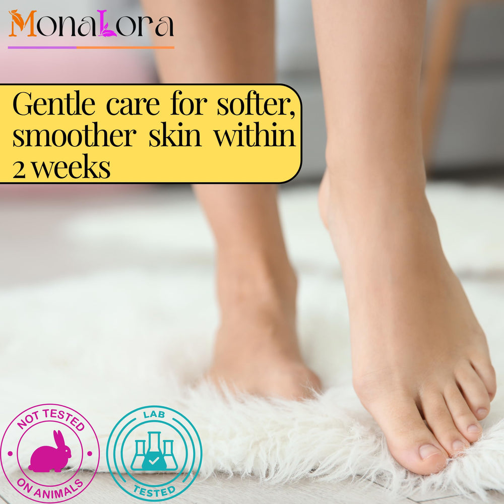 Before and after look of MonaLora Foot Peel Mask results on feet