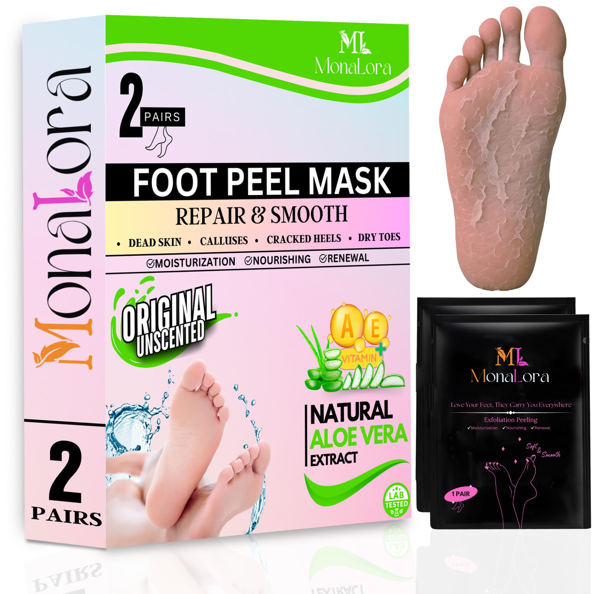 MonaLora Foot Peel Mask packaging with Aloe Vera for gentle exfoliation
