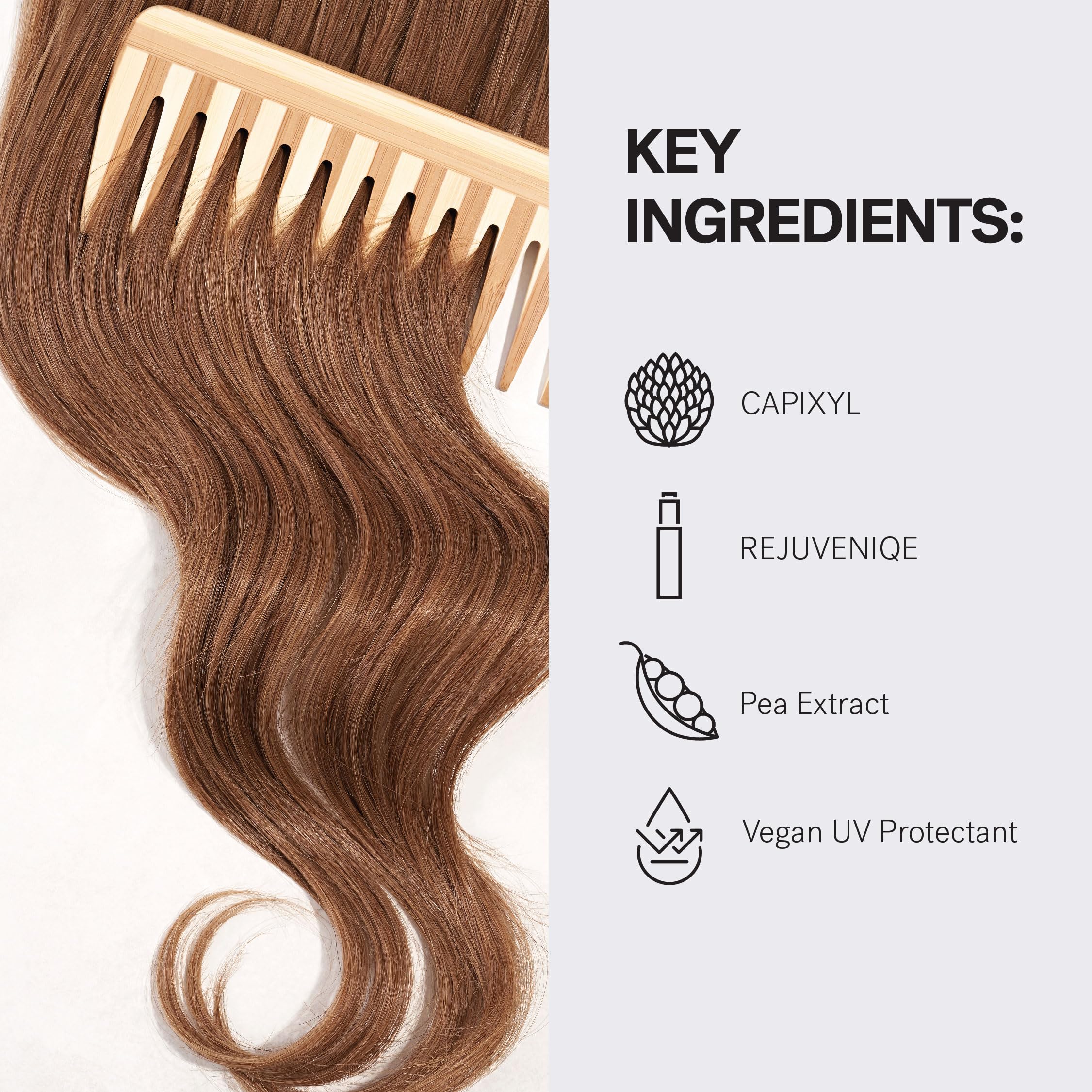 MONAT Balance Restore detangling-action shot illustrates effortless comb-through for all hair types.