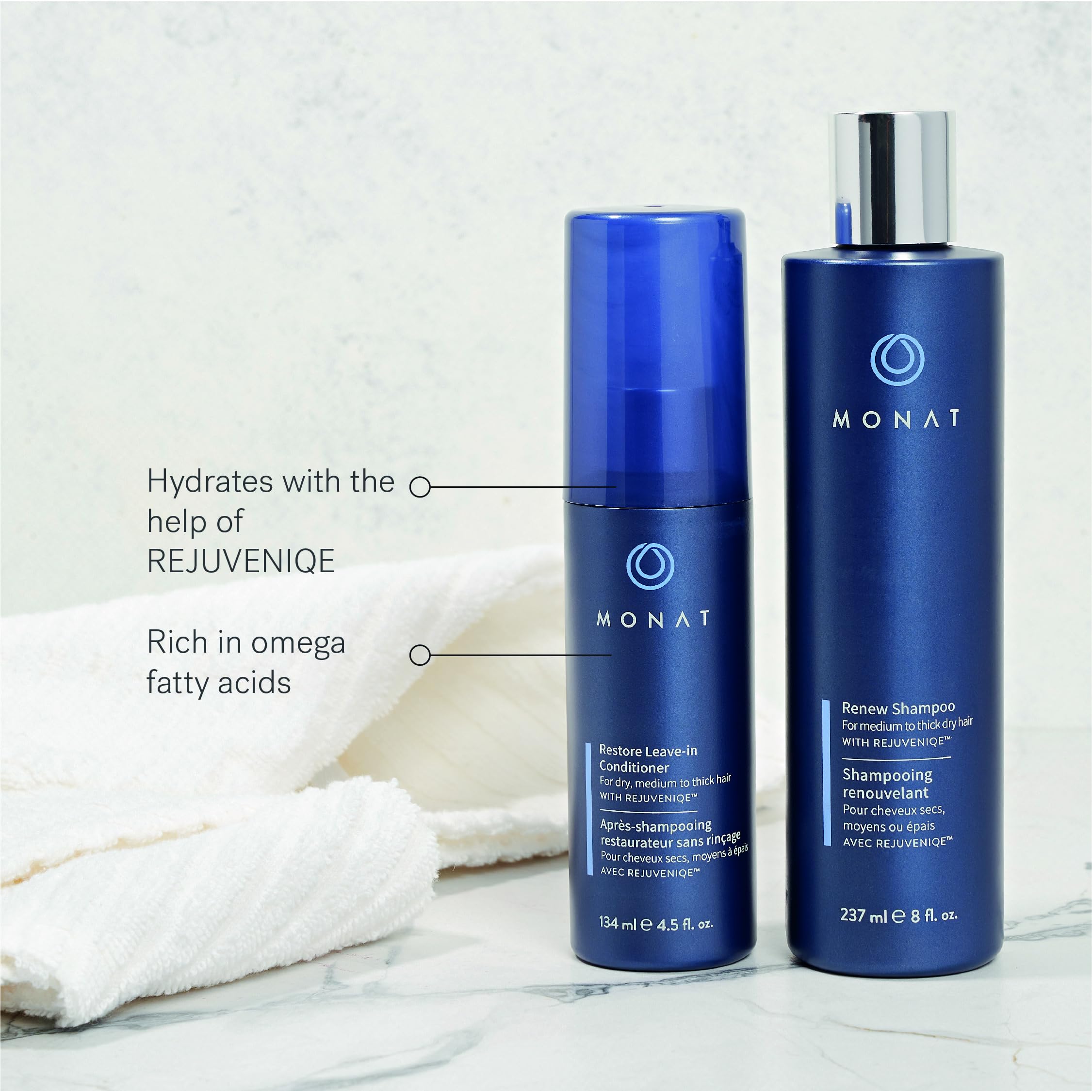 MONAT Balance Restore frizz-control close-up shows smoother hair with reduced flyaways.