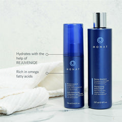 MONAT Balance Restore frizz-control close-up shows smoother hair with reduced flyaways.