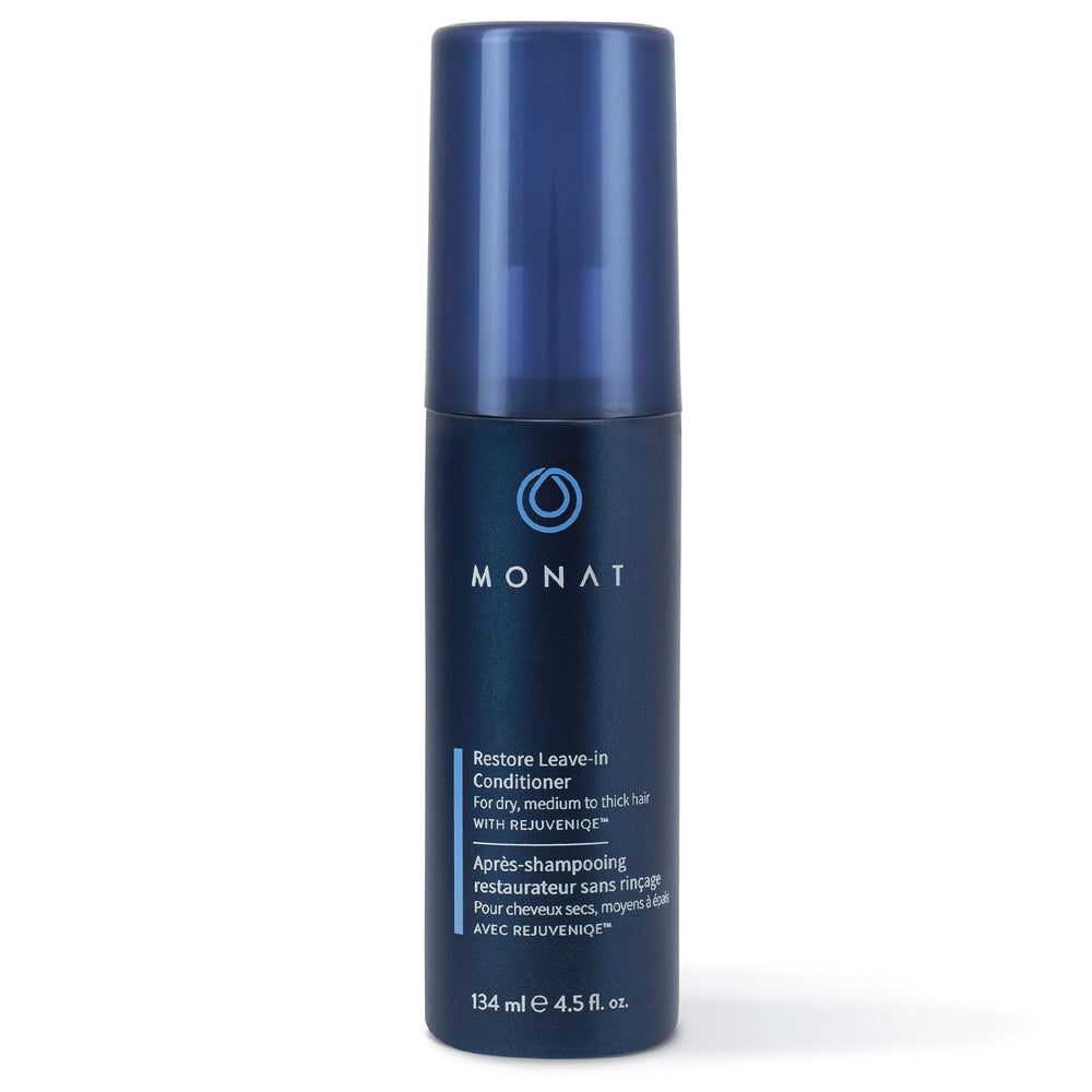 MONAT Balance Restore leave-in bottle showcases hydrating formula for dry, damaged hair and shine.