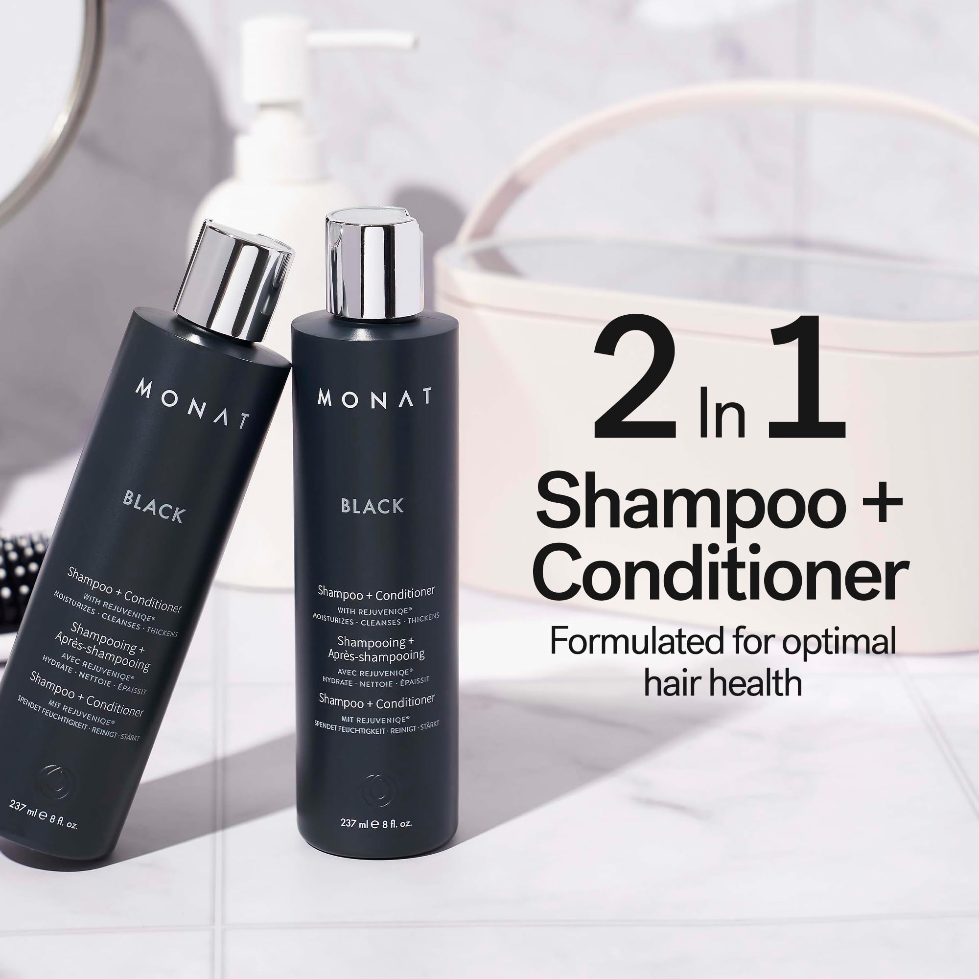 MONAT Black Conditioner bottle pour highlights easy conditioning in one step.
