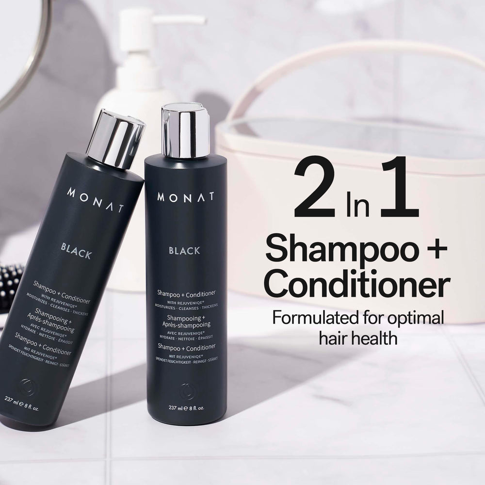 MONAT Black Conditioner bottle pour highlights easy conditioning in one step.