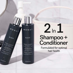MONAT Black Conditioner bottle pour highlights easy conditioning in one step.