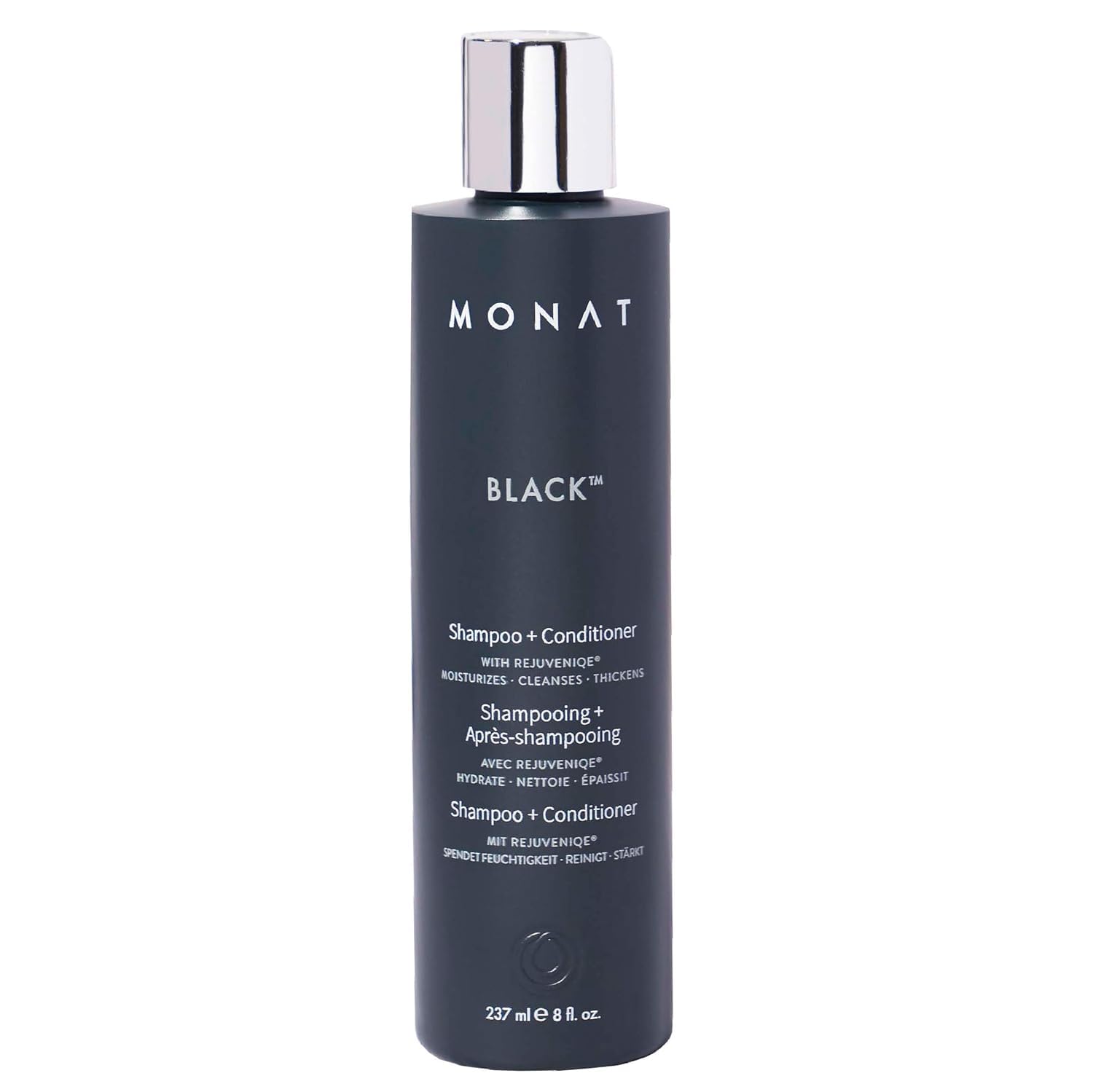 MONAT Black Shampoo bottle pour demonstrates 2-in-1 cleansing and conditioning.